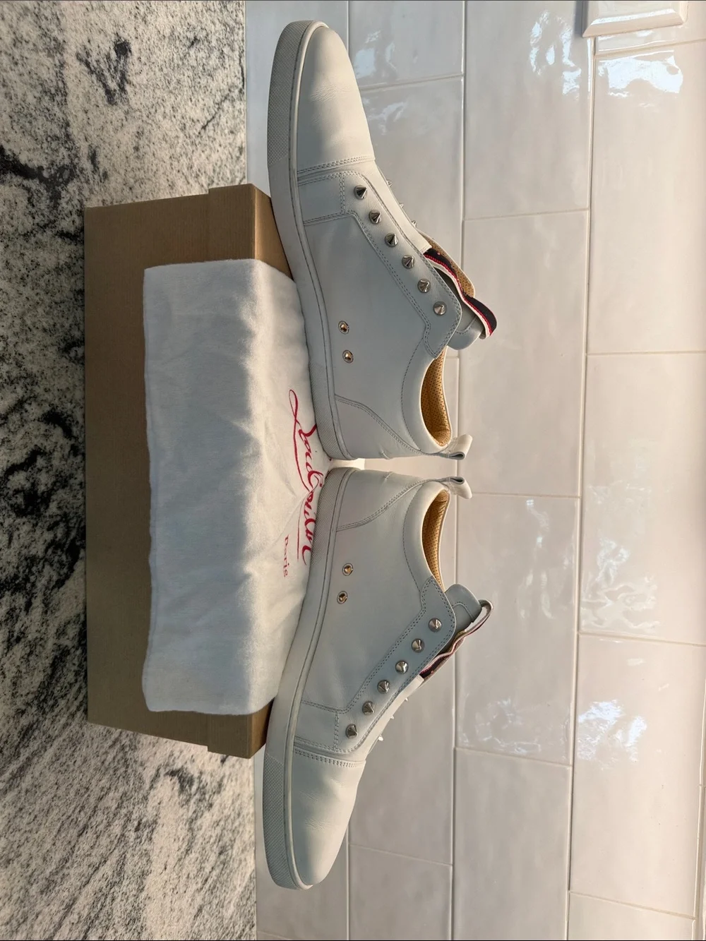 Christian Louboutin Fique A Vontade White Leather Spike Slip-On Sneakers